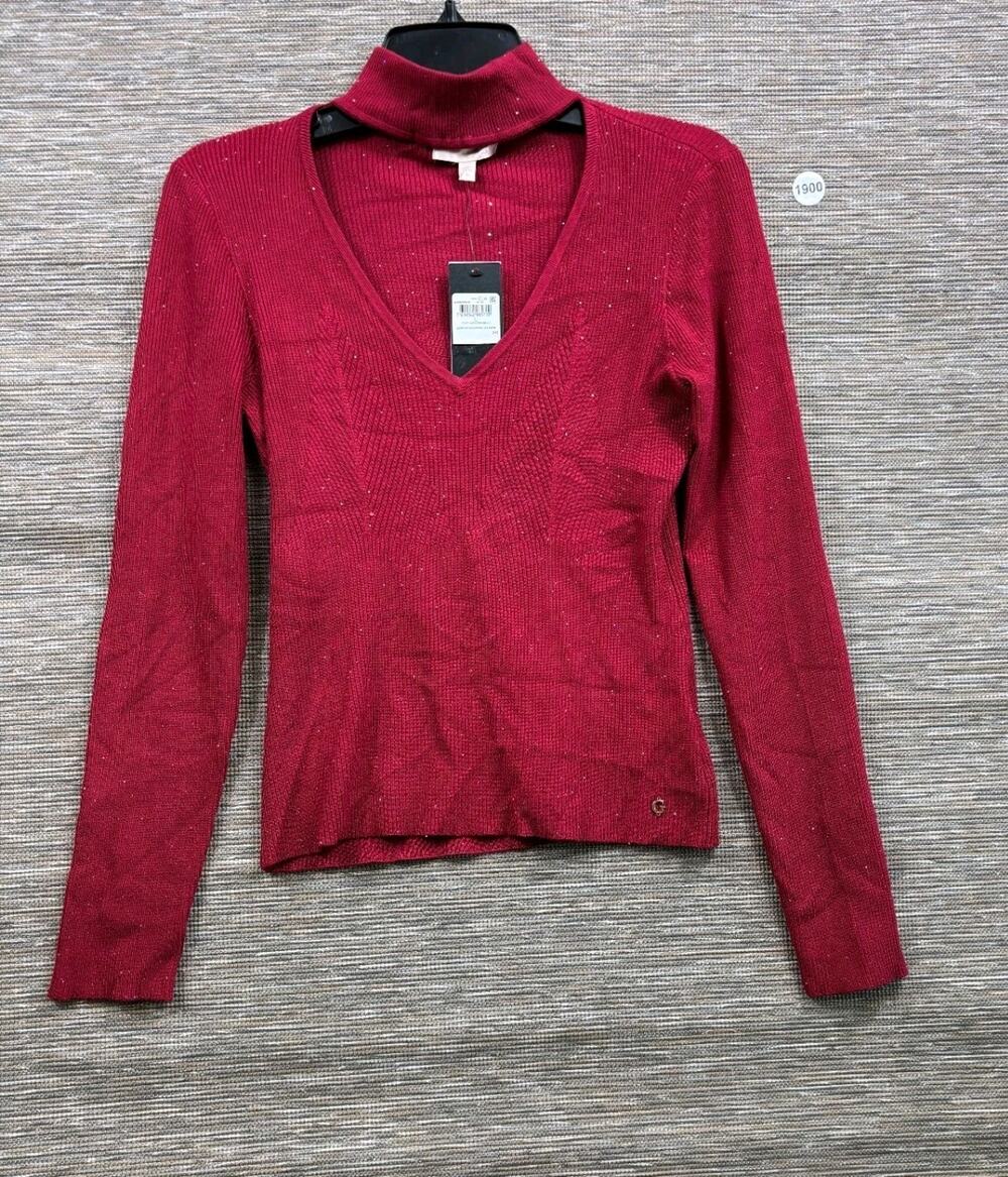 GUESS Knit Sweater Top Womens Size L Red Pink Metallic V-Neck Pullover NEW